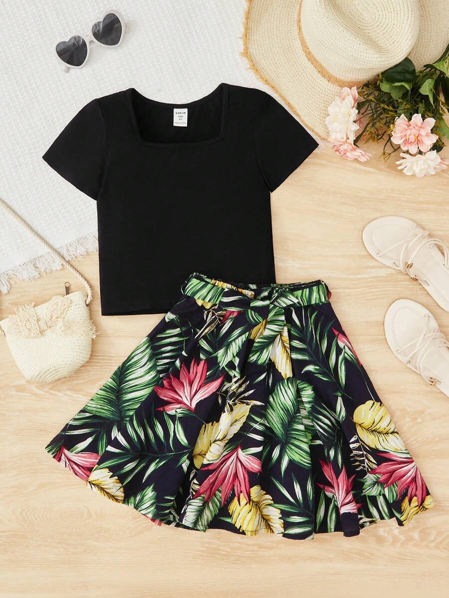 SHEIN Bộ thời trang bé gái Thắt lưng Nhiệt đới Boho - Nhiều màu - Xem 1