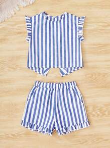 SHEIN Toddler Girls 1pc Striped Print Ruffle Trim Top & 1pc Shorts