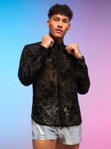 FeverCity Men Floral Flocking Button Front Shirt - Black - View 2