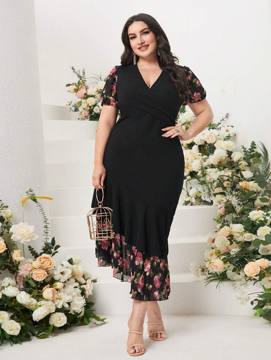 Modelyn Vestido con estampado floral de cuello cruzado bajo con fruncido - Negro - Ver 1