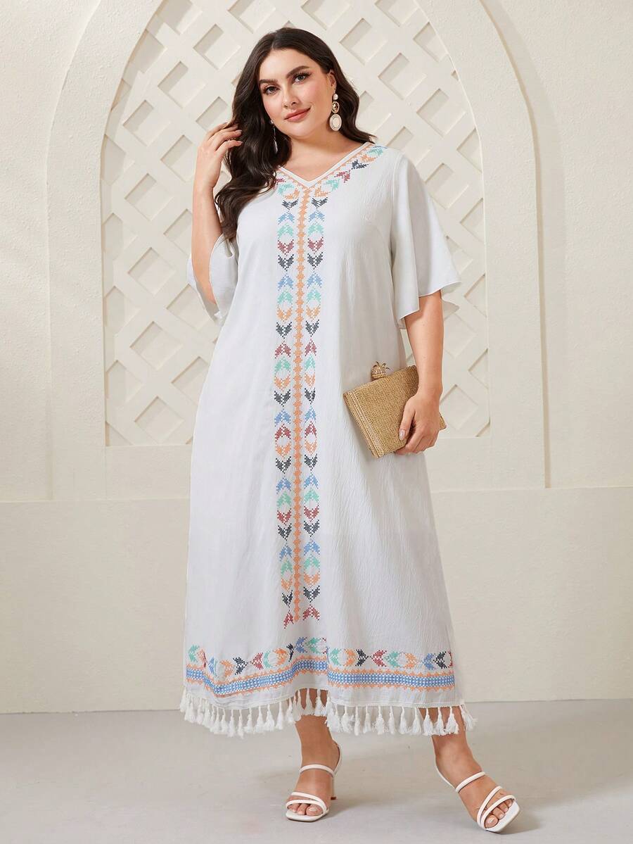 Al Najma Plus Geo Print Tassel Hem Dress - White - View 1