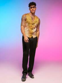 FeverCity Men Floral Print Vest Jacket & Pants