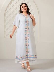 Al Najma Plus Geo Print Tassel Hem Dress - White - View 3