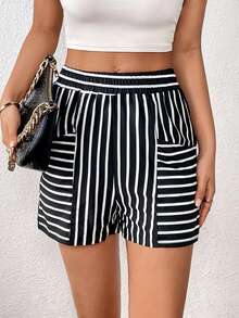 SHEIN Essnce Striped Print Dual Pocket Shorts - Black and White - View 3