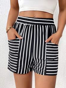 SHEIN Essnce Striped Print Dual Pocket Shorts - Black and White - View 4