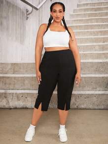 SHEIN CURVE+ Quần Plus Size Chia màu trơn Giải trí - màu đen - Xem 3