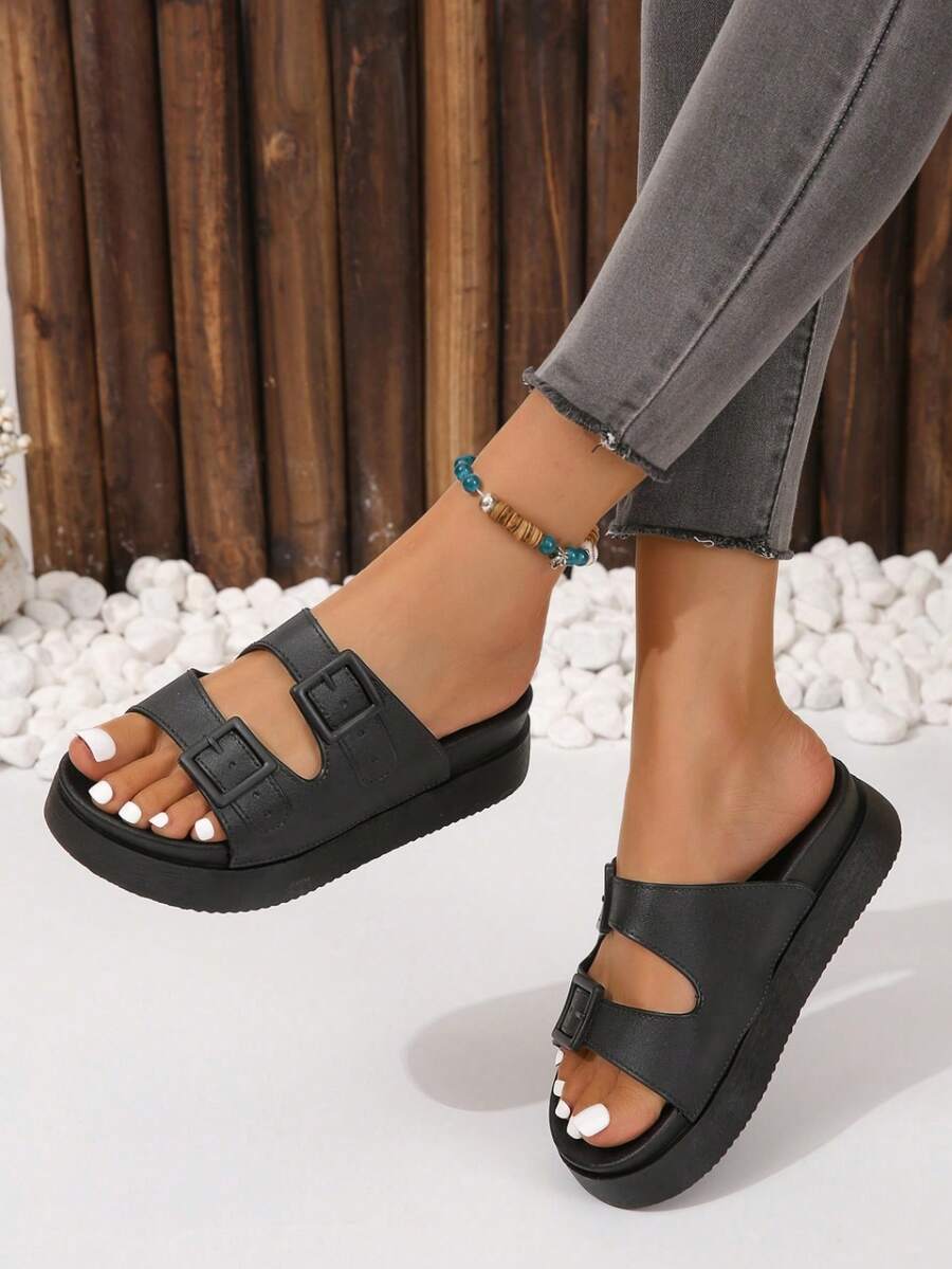 Women Buckle Decor Flatform Slide Sandals, Elegant Sandals - Black - View 1