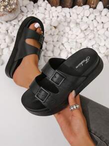 Women Buckle Decor Flatform Slide Sandals, Elegant Sandals - Black - View 2