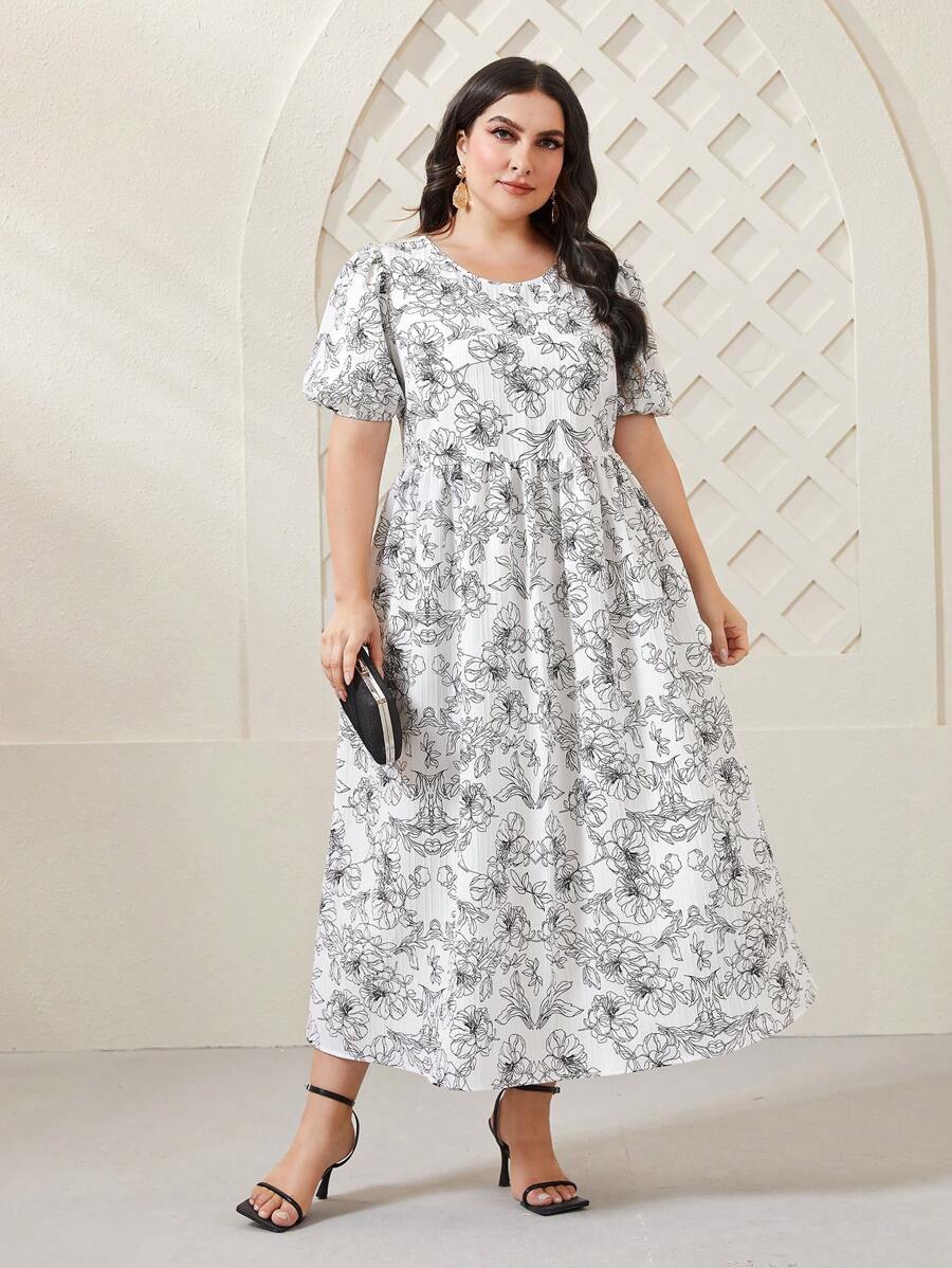 Mulvari Đầm Plus Size Buộc lại Hoa Tất cả trên in Boho - trắng - Xem 1