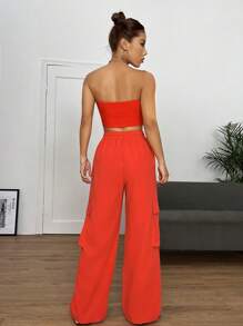SHEIN EZwear con parche de letra Top bandeau & de cintura con cordón Pantalones cargo - Naranja - Ver 2