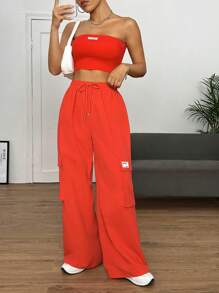 SHEIN EZwear con parche de letra Top bandeau & de cintura con cordón Pantalones cargo - Naranja - Ver 5