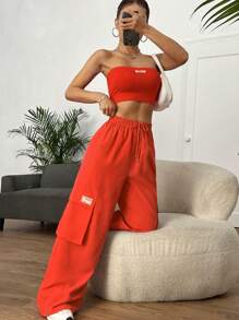 SHEIN EZwear con parche de letra Top bandeau & de cintura con cordón Pantalones cargo - Naranja - Ver 1