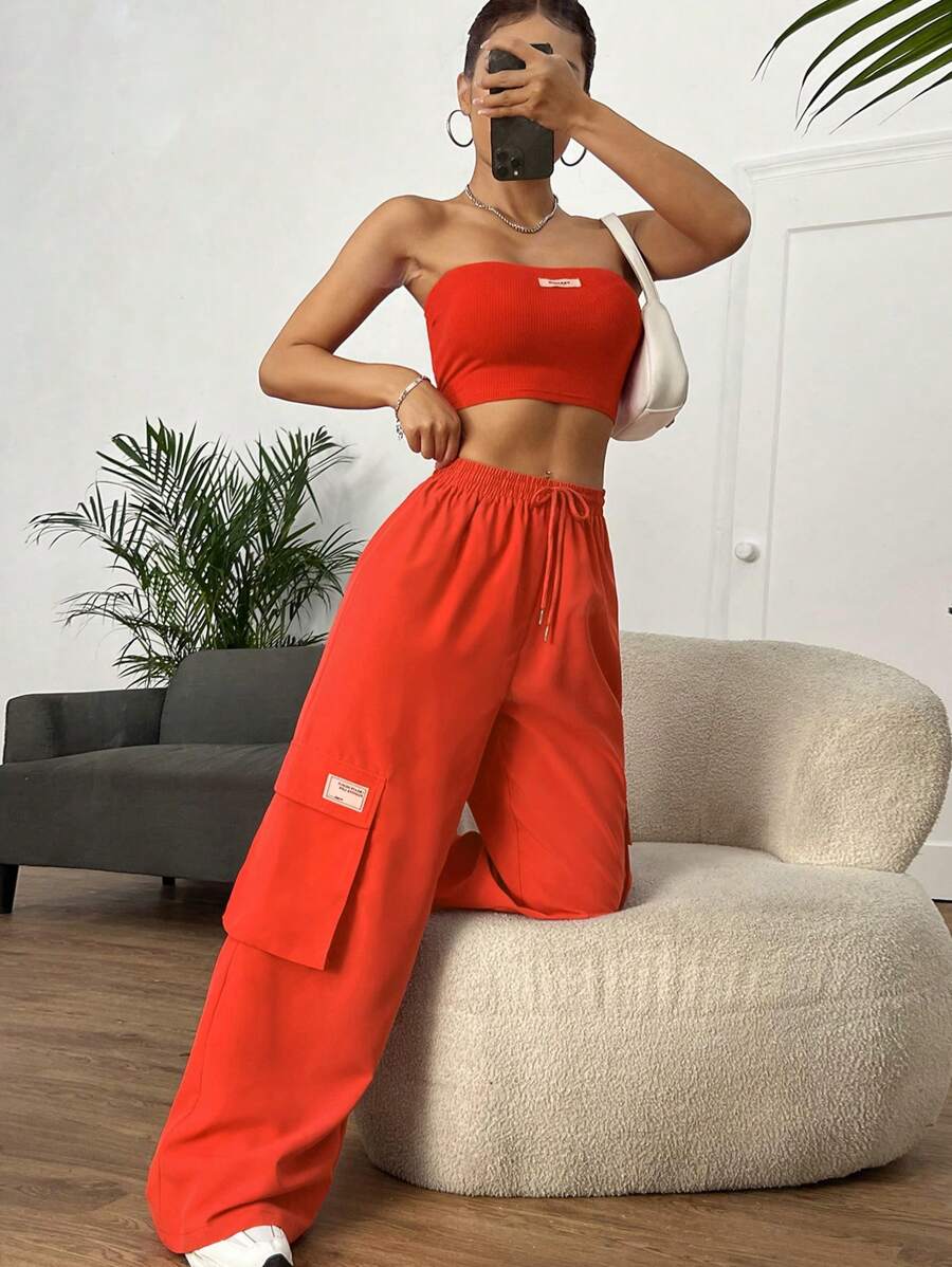 SHEIN EZwear con parche de letra Top bandeau & de cintura con cordón Pantalones cargo - Naranja - Ver 1