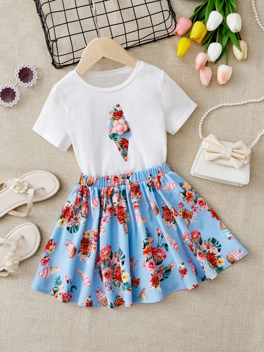 SHEIN 小女童印花T恤和裙子 - 彩色 - 查看 1