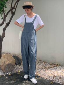 DAZY Solid Denim Dungarees Without Tee - Medium Wash - View 7