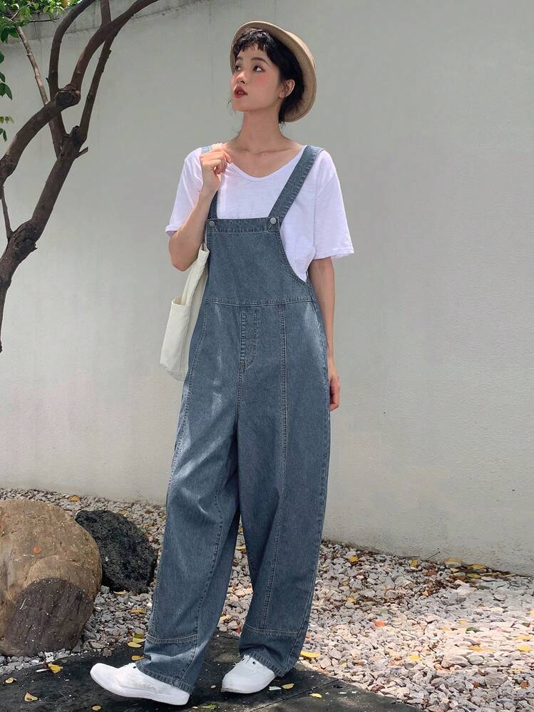 DAZY ชุดเอี๊ยมยีนส์ สีพื้น ไม่มีเสื้อยืด - สียีนส์กลาง - ดู 10