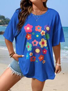 Flirla Áo thun Plus size Hoa Giải trí - Màu xanh lam - Xem 1