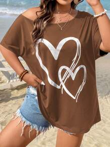 SHEIN LUNE Áo thun Plus size Tim Giải trí - màu nâu - Xem 1