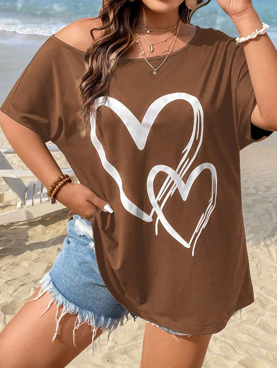 SHEIN LUNE Áo thun Plus size Tim Giải trí - màu nâu - Xem 1