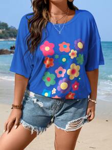 Flirla Áo thun Plus size Hoa Giải trí - Màu xanh lam - Xem 3