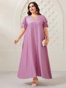 Al Najma Plus Floral Applique Butterfly Sleeve Dress - Pink - View 1