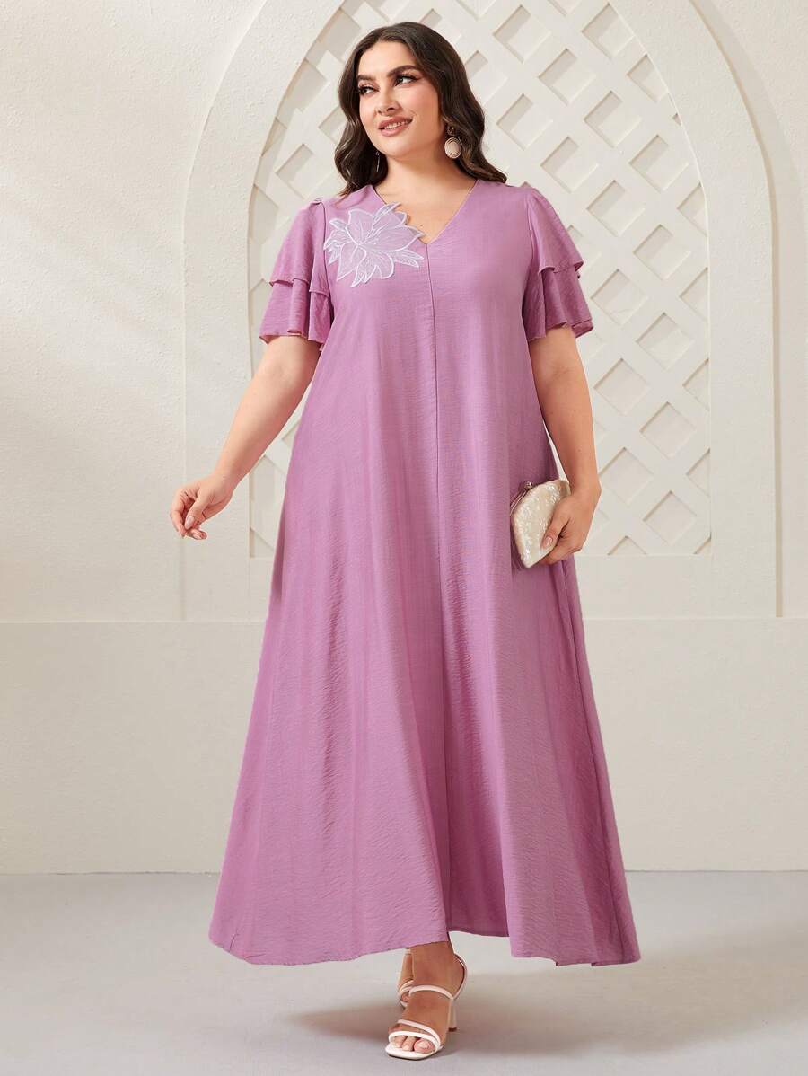 Al Najma Plus Floral Applique Butterfly Sleeve Dress - Pink - View 1