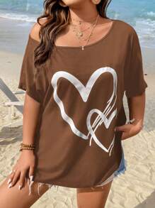 SHEIN LUNE Áo thun Plus size Tim Giải trí - màu nâu - Xem 3