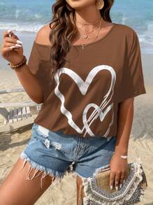 SHEIN LUNE Áo thun Plus size Tim Giải trí - màu nâu - Xem 4