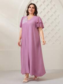 Al Najma Plus Floral Applique Butterfly Sleeve Dress - Pink - View 3