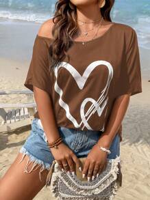 SHEIN LUNE Áo thun Plus size Tim Giải trí - màu nâu - Xem 5