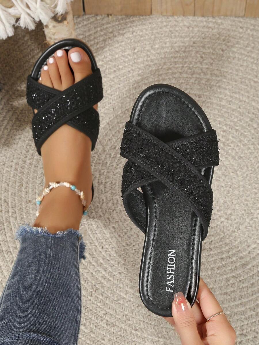 Women Glitter Cross Strap Slide Sandals, Tweed Fashion Sandals - Black - View 1
