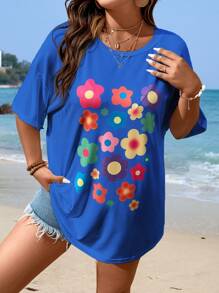 Flirla Áo thun Plus size Hoa Giải trí - Màu xanh lam - Xem 6
