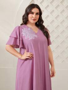 Al Najma Plus Floral Applique Butterfly Sleeve Dress - Pink - View 5