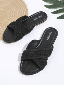 Women Glitter Cross Strap Slide Sandals, Tweed Fashion Sandals - Black - View 4