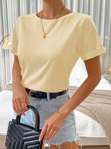 SHEIN Essnce 素色圓領T恤 - 杏色 - 查看 1
