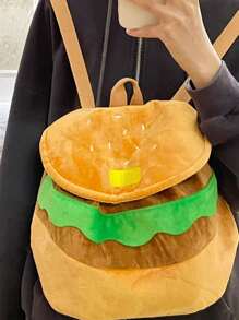 Hamburger Design Flap Backpack Colour Block Cute - Brown - View 10