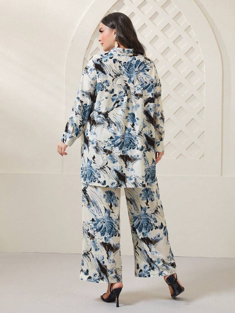 Mulvari Plus Allover Print Drop Shoulder Shirt & Wide Leg Pants - Multicolor - View 2
