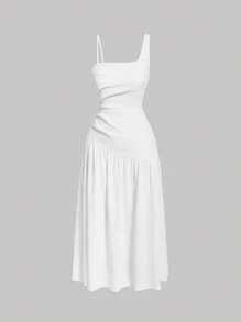 SHEIN MOD Solid Ruched Asymmetrical Neck White One Shoulder Dress,White Graduation Dress