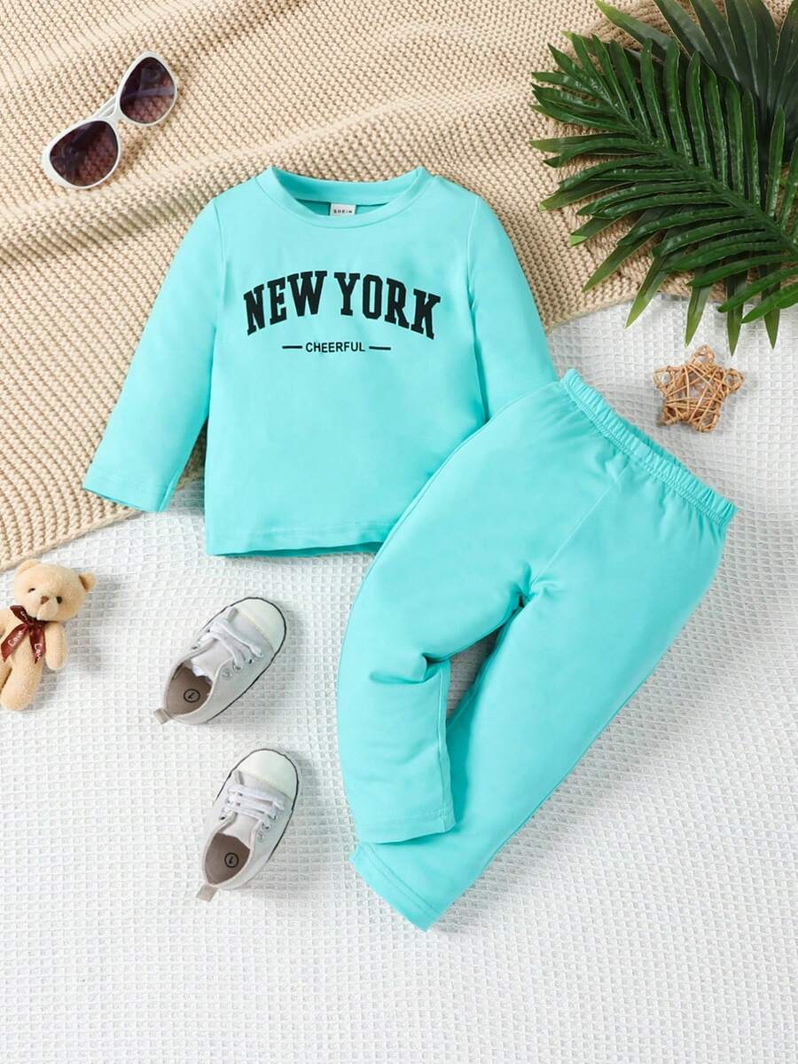Baby Girl Letter Graphic Tee & Trousers - Mint Green - View 1