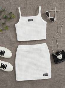 SHEIN Tween Girl Letter Patched Cami Top & Skirt - White - View 1