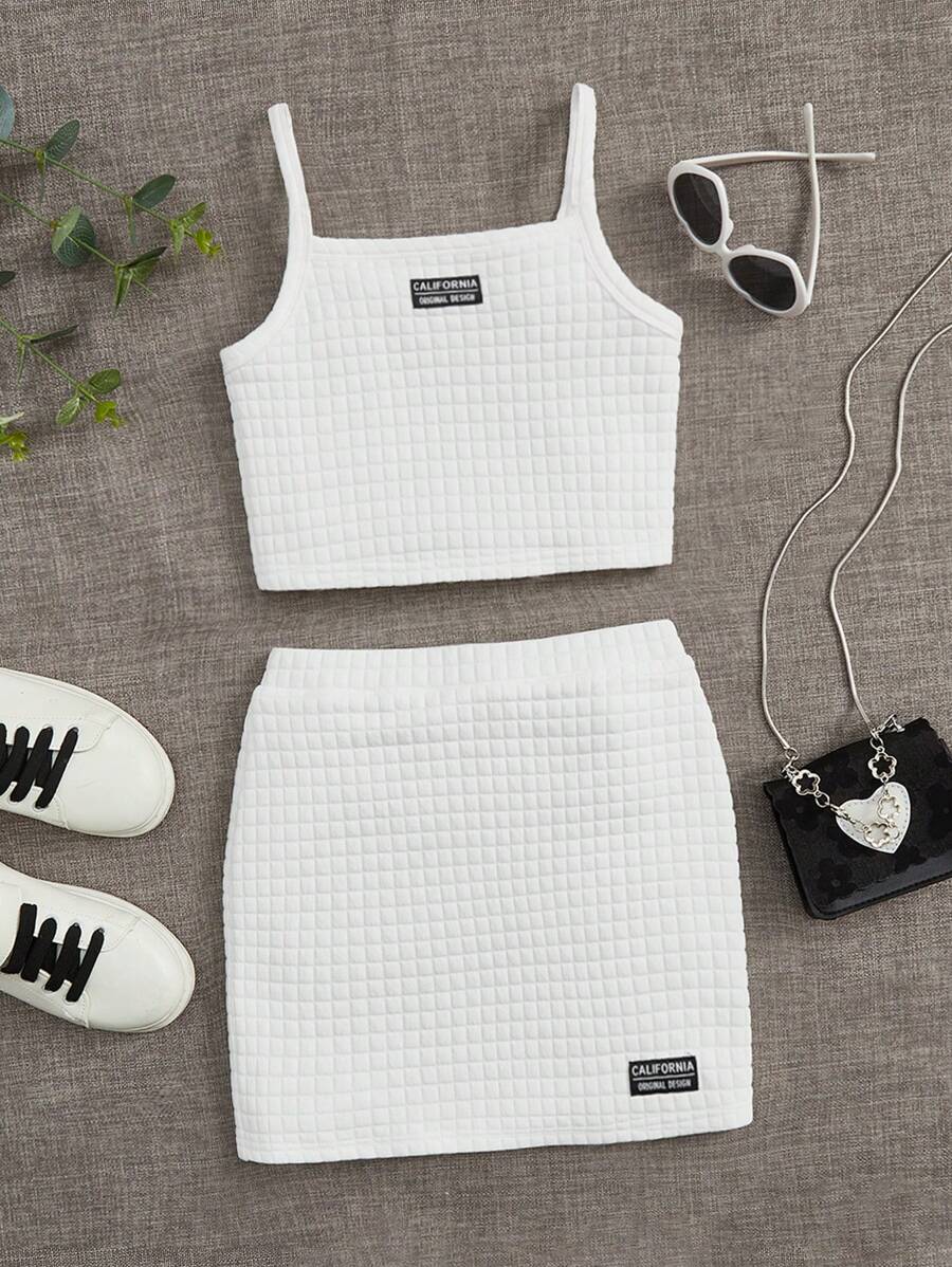 SHEIN Tween Girl Letter Patched Cami Top & Skirt - White - View 1