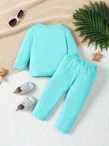 Baby Girl Letter Graphic Tee & Trousers - Mint Green - View 2