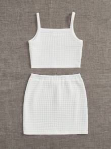 SHEIN Tween Girl Letter Patched Cami Top & Skirt - White - View 2