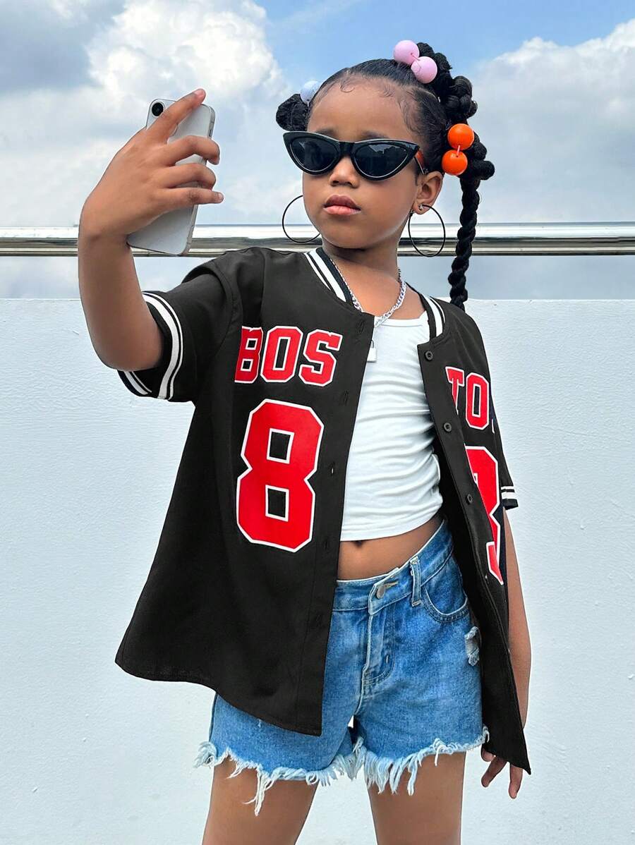 SHEIN 女孩字母圖案條紋飾邊落肩袖棒球領襯衫 - 黑色 - 查看 1