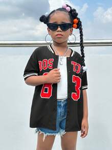 SHEIN 女孩字母圖案條紋飾邊落肩袖棒球領襯衫 - 黑色 - 查看 4