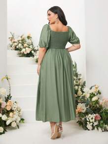 Mulvari Plus Square Neck Puff Sleeve Ruffle Hem Dress - Army Green - View 2