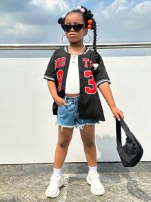 SHEIN 女孩字母圖案條紋飾邊落肩袖棒球領襯衫 - 黑色 - 查看 5