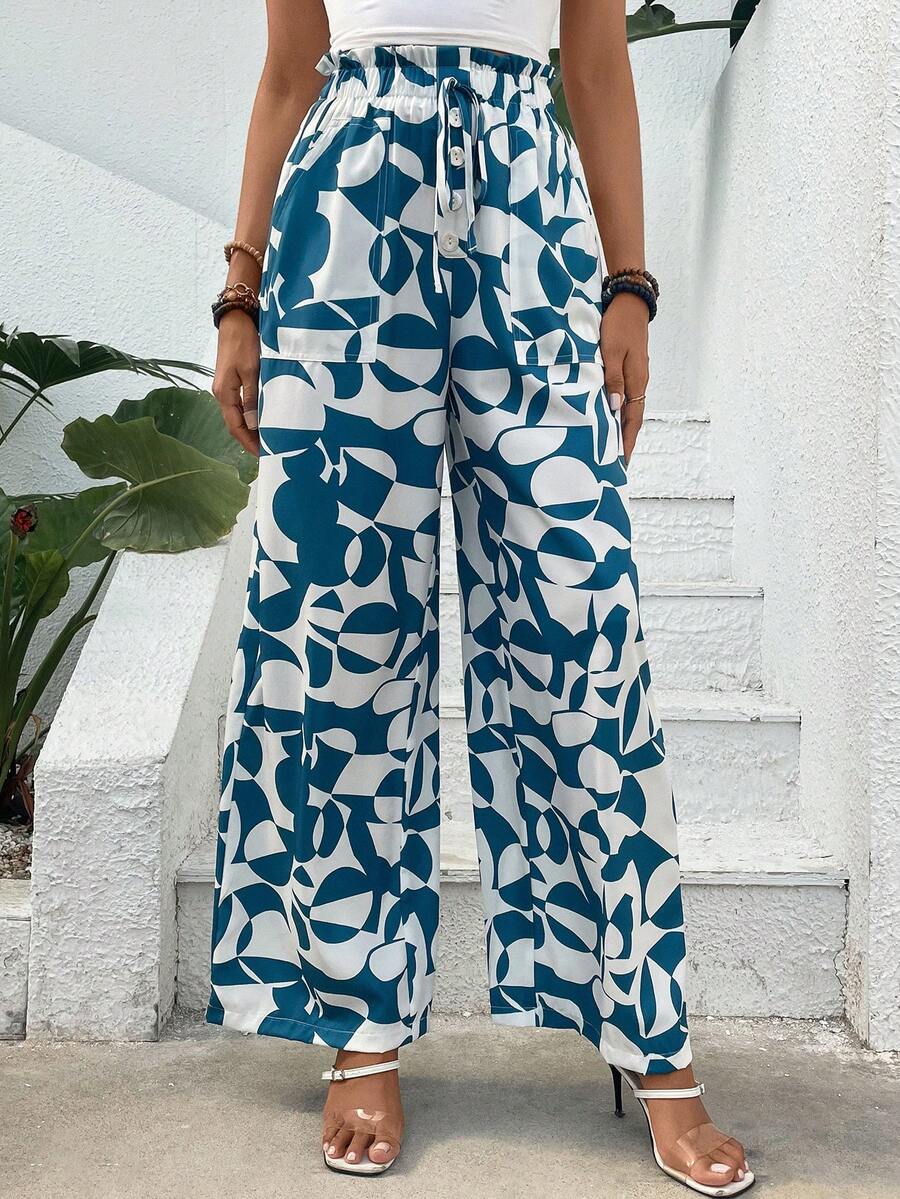 SHEIN VCAY Quần nữ Thắt nút Nút phía trước Quần paper-bag Tất cả trên in Boho - Nhiều màu - Xem 1