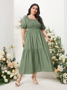 Mulvari Plus Square Neck Puff Sleeve Ruffle Hem Dress - Army Green - View 4