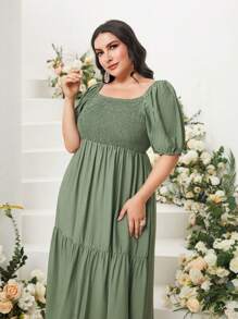 Mulvari Plus Square Neck Puff Sleeve Ruffle Hem Dress - Army Green - View 5